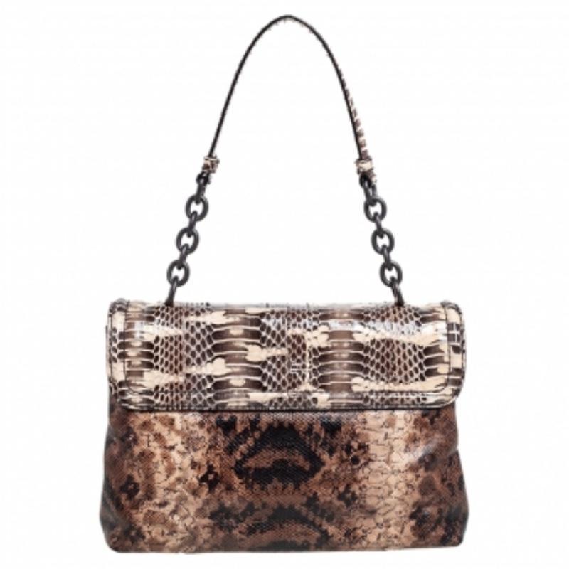 Bottega Veneta Brown Intrecciato Karung and Watersnake Detail Flap Shoulder Bag 1