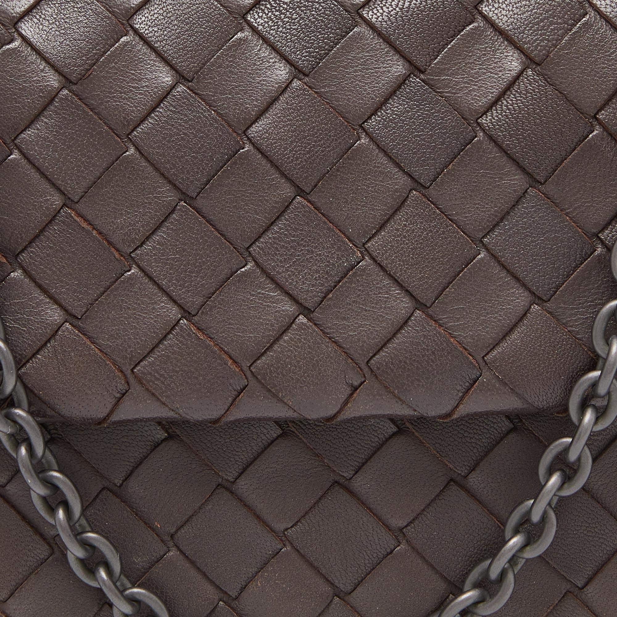 Bottega Veneta Brown Intrecciato Leather Flap Chain Crossbody Bag 3