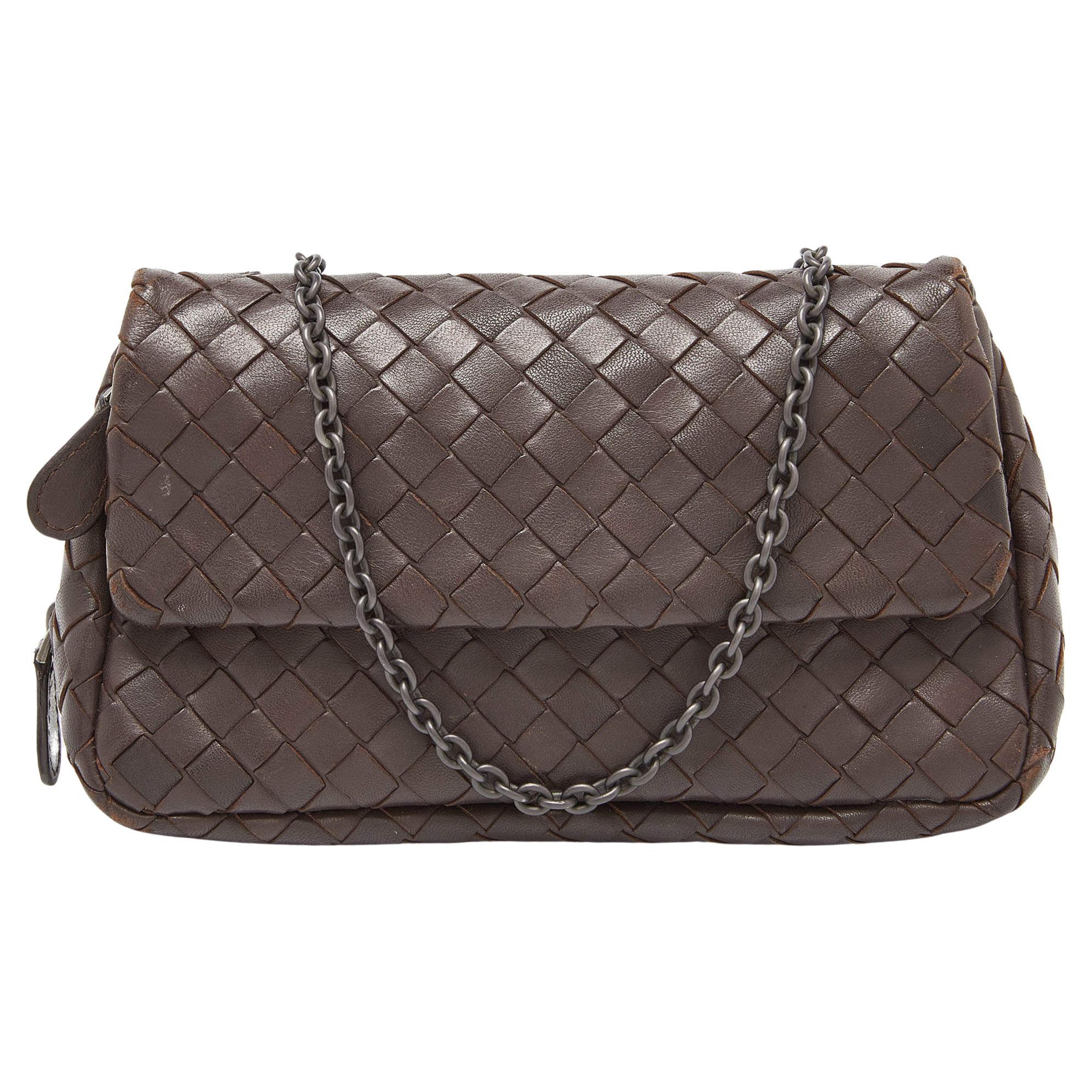 Bottega Veneta Brown Intrecciato Leather Flap Chain Crossbody Bag