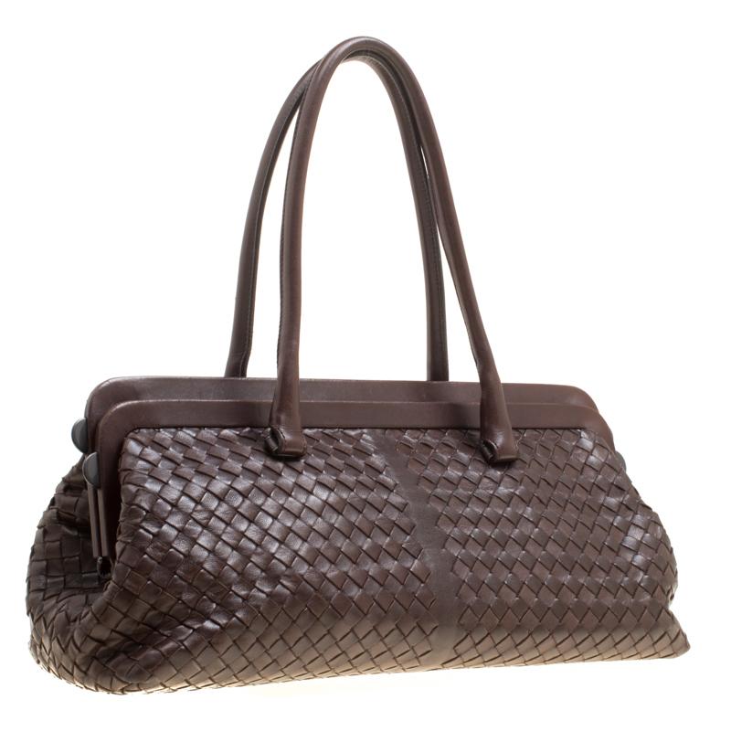 Bottega Veneta Brown Intrecciato Leather Frame Satchel In Good Condition In Dubai, Al Qouz 2