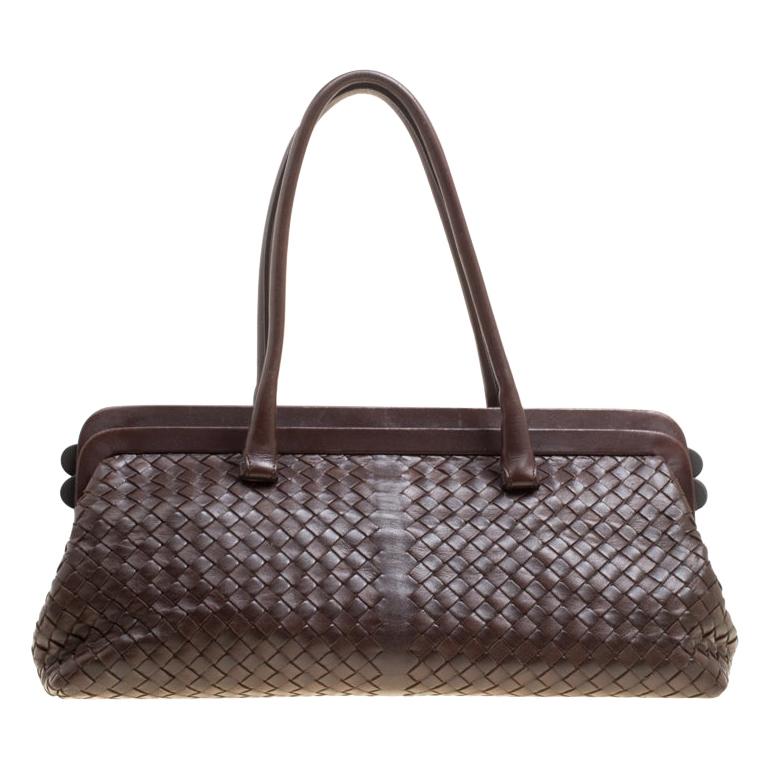 Bottega Veneta Brown Intrecciato Leather Frame Satchel