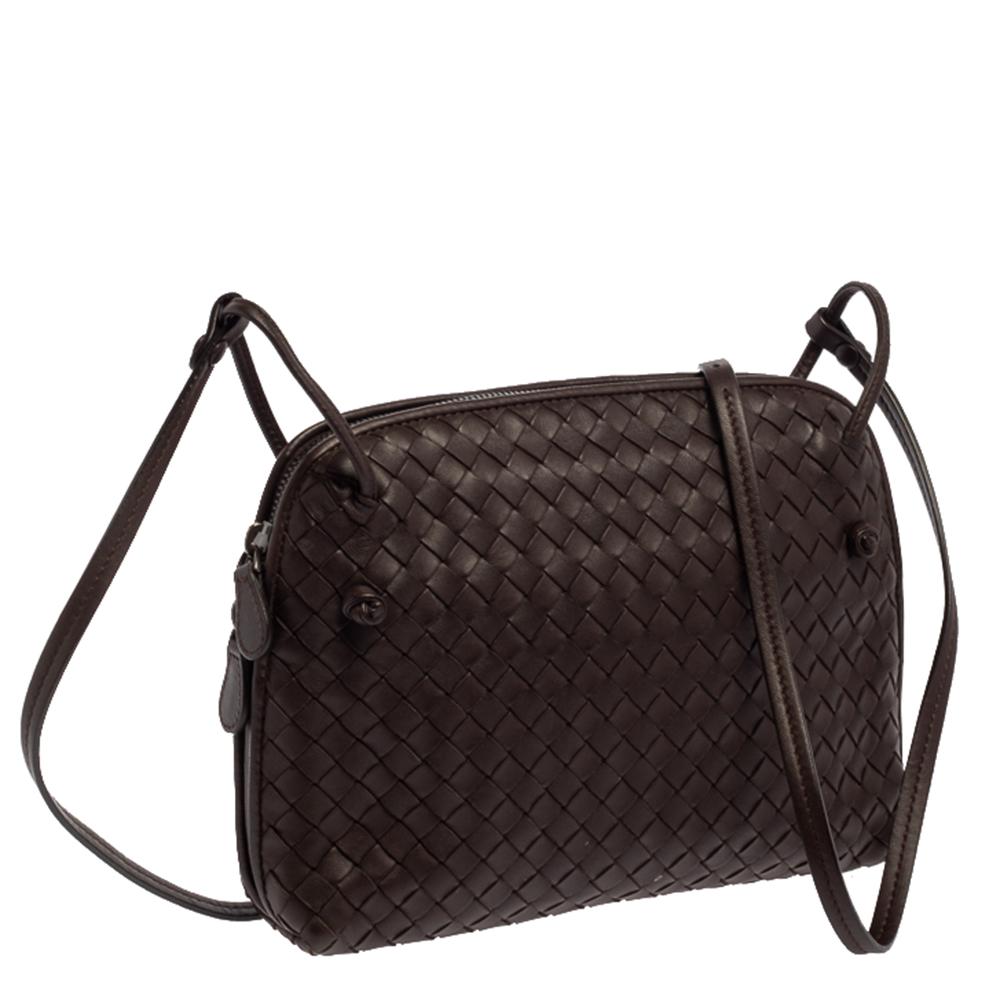 Black Bottega Veneta Brown Intrecciato Leather Nodini Crossbody Bag