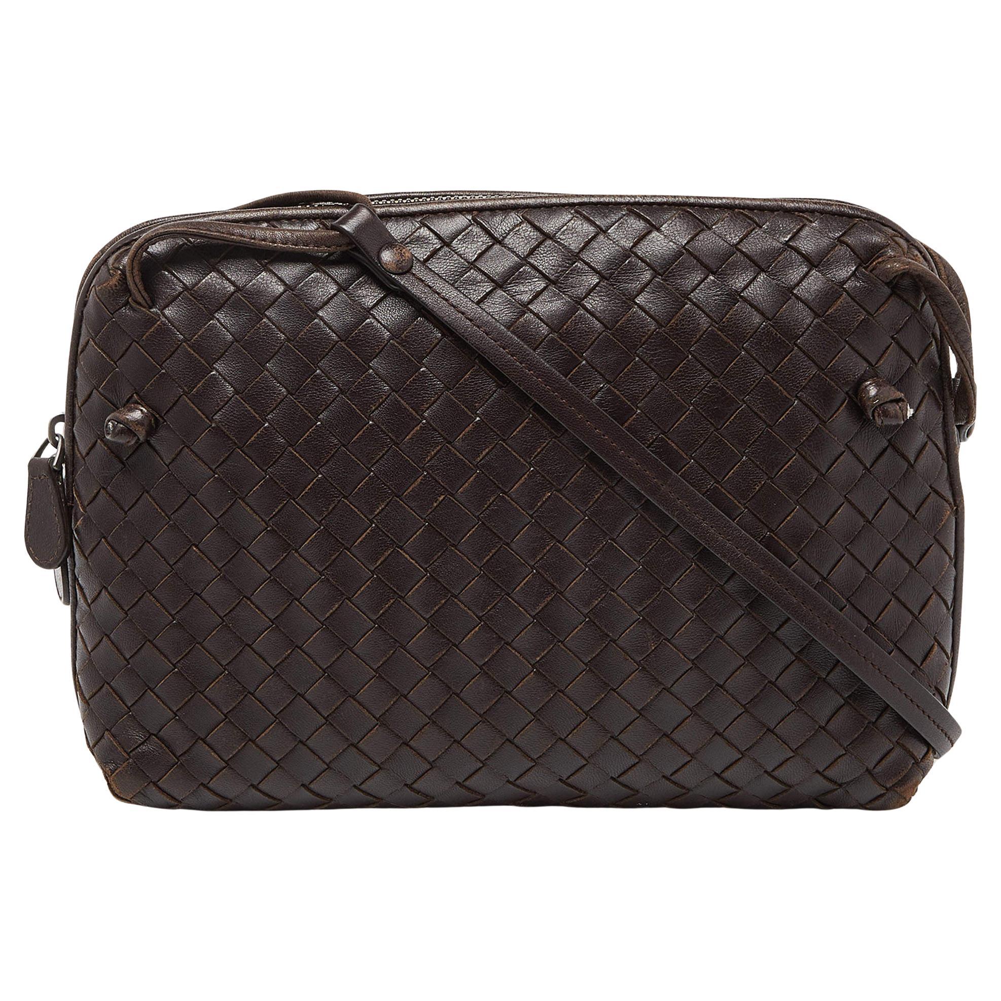 Bottega Veneta Brown Intrecciato Leather Nodini Crossbody Bag For Sale
