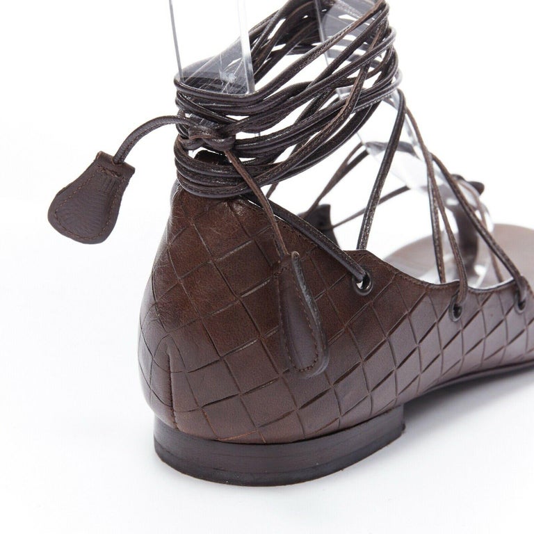 BOTTEGA VENETA brown intrecciato woven leather lace up thong flat ...