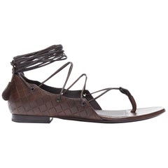 BOTTEGA VENETA brown intrecciato woven leather lace up thong flat sandals EU37