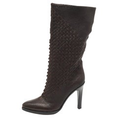 Used Bottega Veneta Brown Leather Intrecciato Knee Length Boots Size 40 