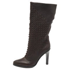Knielange Intrecciato-Stiefel aus braunem Leder von Bottega Veneta, Größe 40