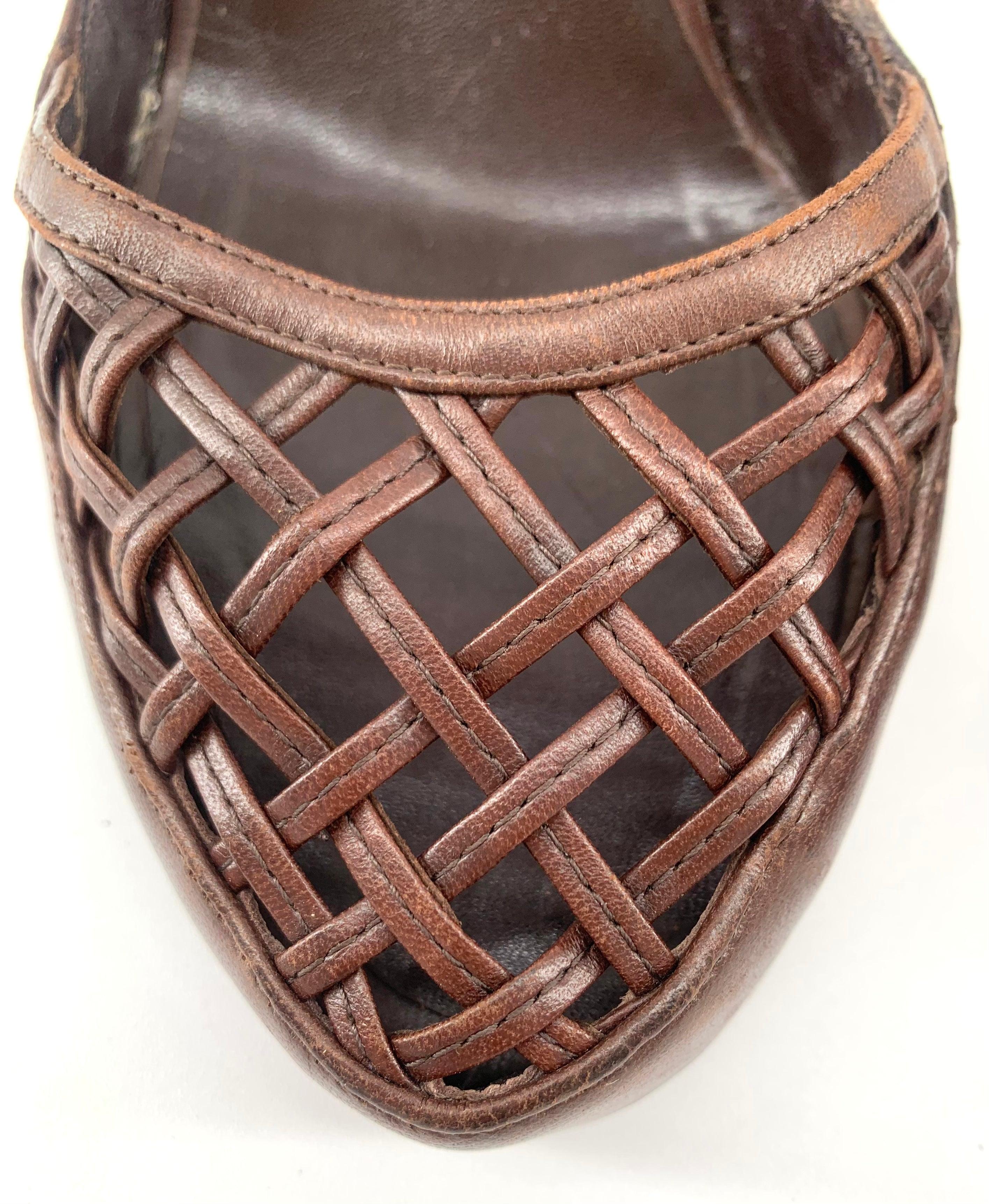 Bottega Veneta Braunes Leder Geflochtene Blockabsätze Sandalen, Neu, 2010s (Schwarz) im Angebot