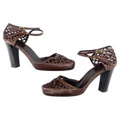Bottega Veneta Braunes Leder Geflochtene Blockabsätze Sandalen, Neu, 2010s