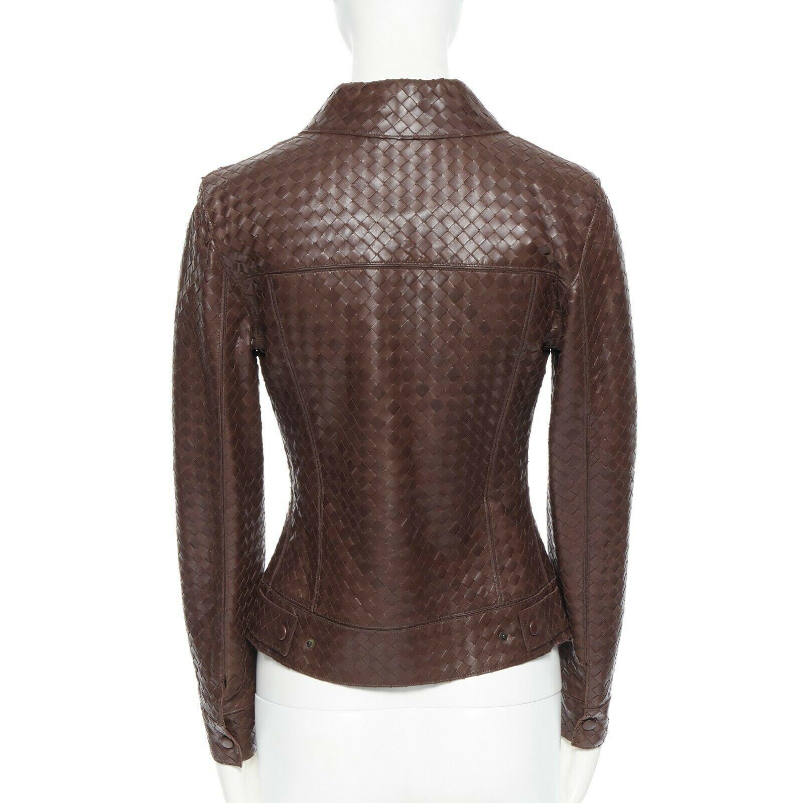 BOTTEGA VENETA brown nappa genuine leather intrecciato weave jacket IT38 XS In Excellent Condition In Hong Kong, NT