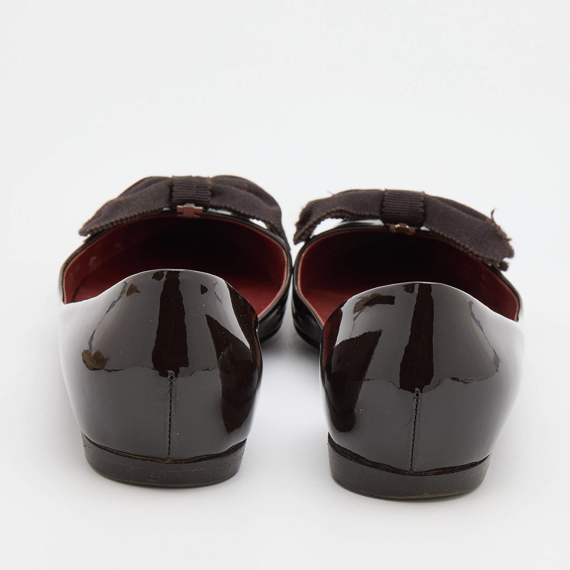 Women's Bottega Veneta Brown Patent Leather Bow D'orsay Ballet Flats Size 36.5
