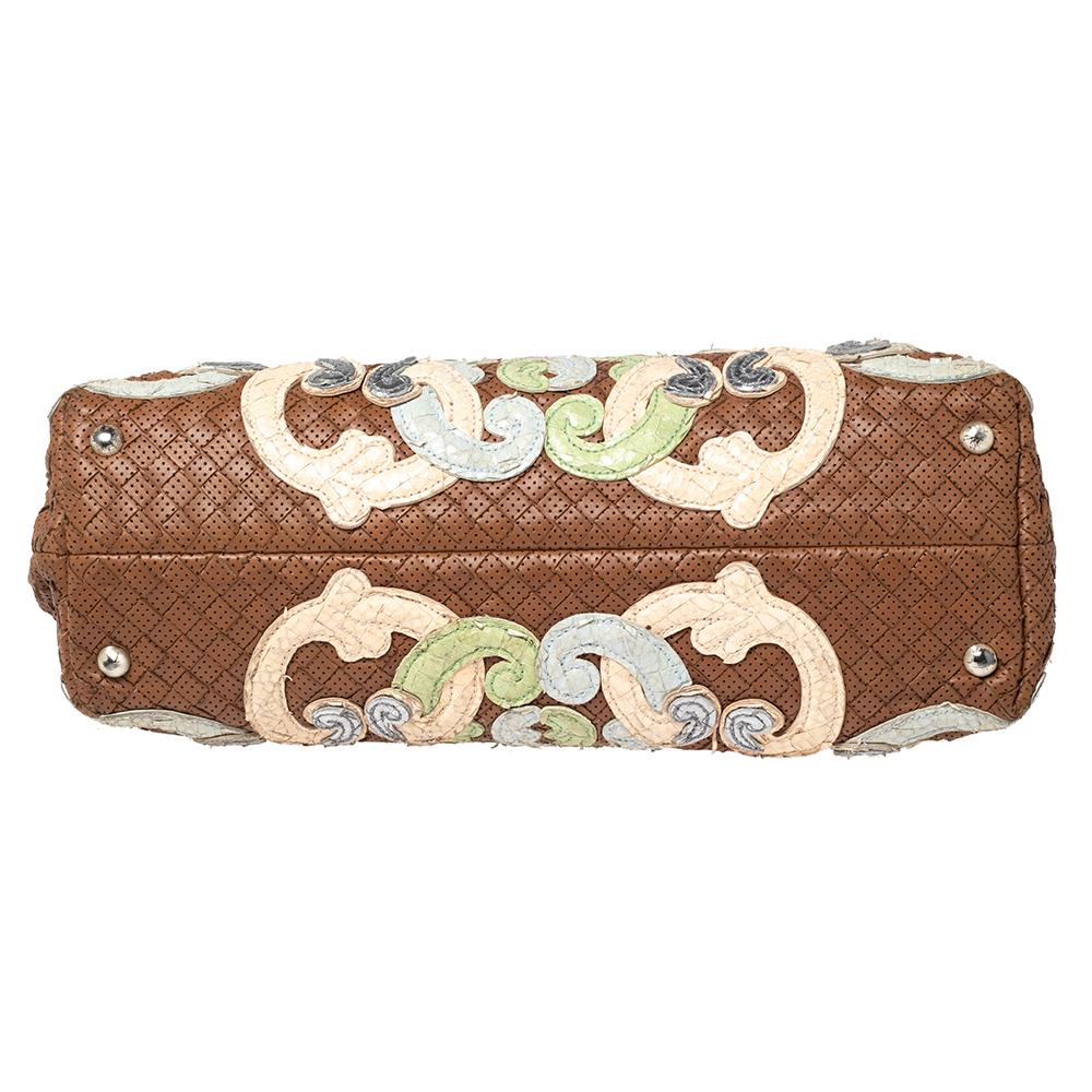 Bottega Veneta Brown Perforated Intrecciato Leather Embroidered Satchel In Good Condition In Dubai, Al Qouz 2