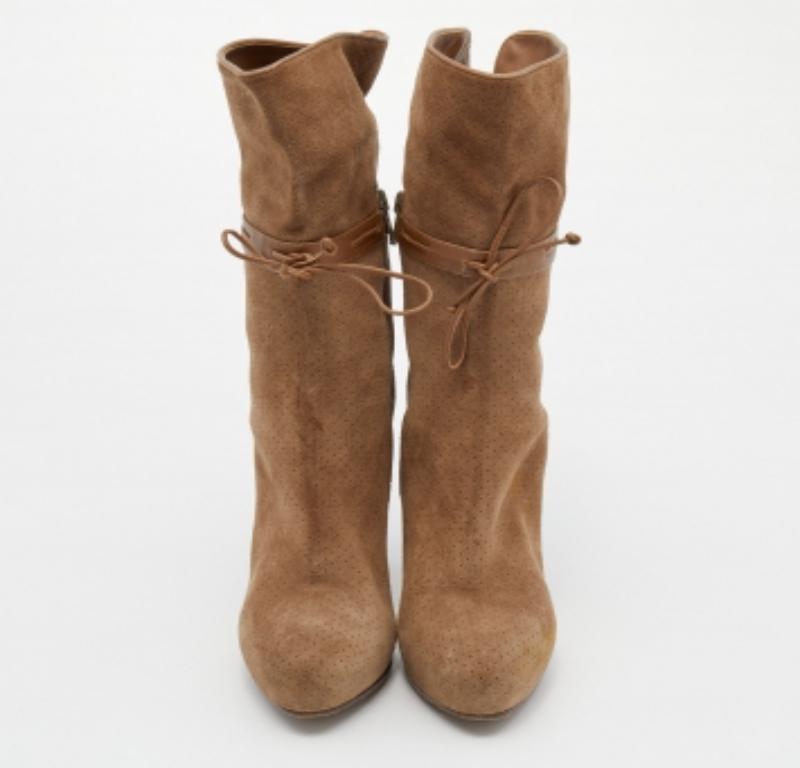 Marron Bottega Veneta - Bottes mi-mollets en cuir et daim perforé - Brown - Taille 36.5 en vente