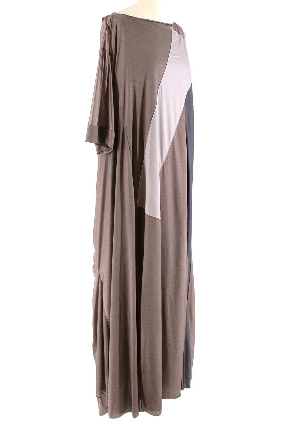 Bottega Veneta Brown Drape Maxi Dress

- Silk feel
- Color blocking
- Quarter sleeves
- Back wrapping detail

Materials:
100% Polyester

Made in Italy

Dry Clean Only

Measurements are taken laying flat, seam to seam. 
Measurements:
Approx.
Chest