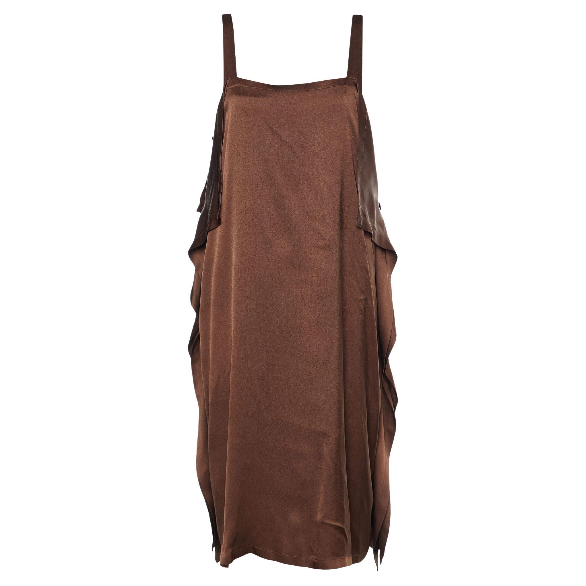 Bottega Veneta Brown Silk Satin Ruffle Detail Mini Dress L For Sale