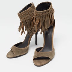 Bottega Veneta Brown Suede Fringe Ankle Strap Sandals Size 39