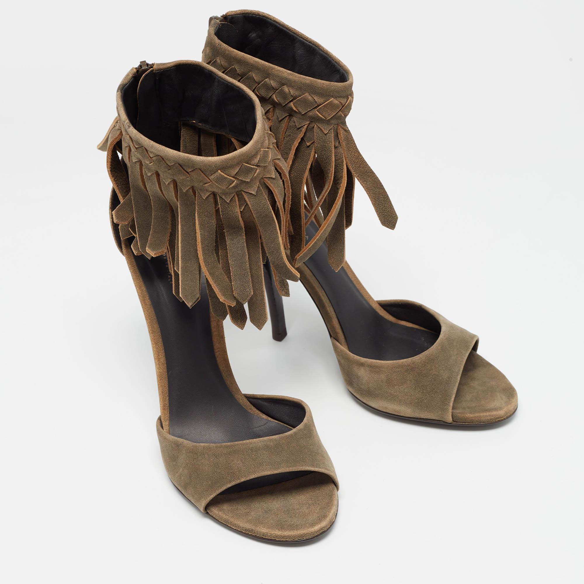 Women's Bottega Veneta Brown Suede Fringe Ankle Strap Sandals Size 39