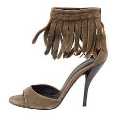 Bottega Veneta Brown Suede Fringe Ankle Strap Sandals Size 39