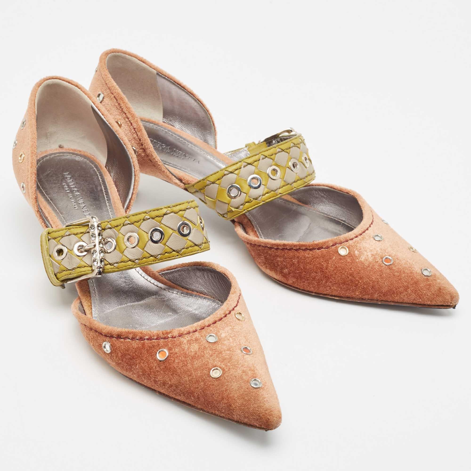 Women's Bottega Veneta Brown Velvet and Intrecciato Leather Studded Pumps Size 37