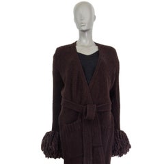 BOTTEGA VENETA brown wool FRINGED CUFF BELTED LONG Cardigan Sweater 42 M