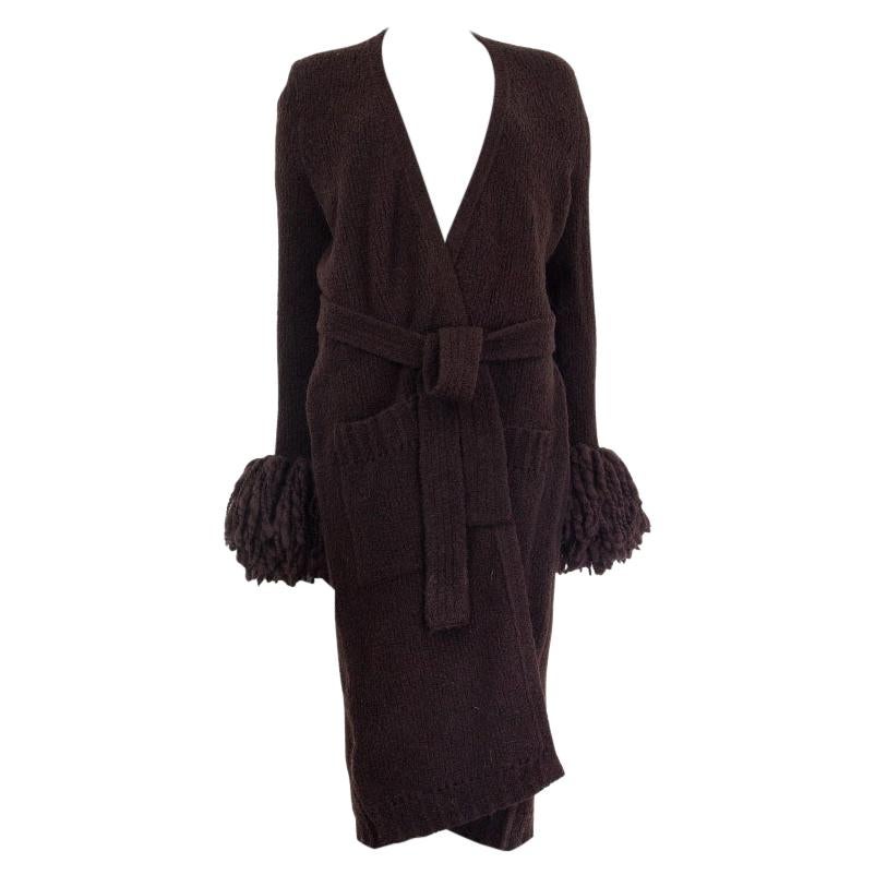 BOTTEGA VENETA brown wool FRINGED CUFF BELTED LONG Cardigan Sweater 42 M