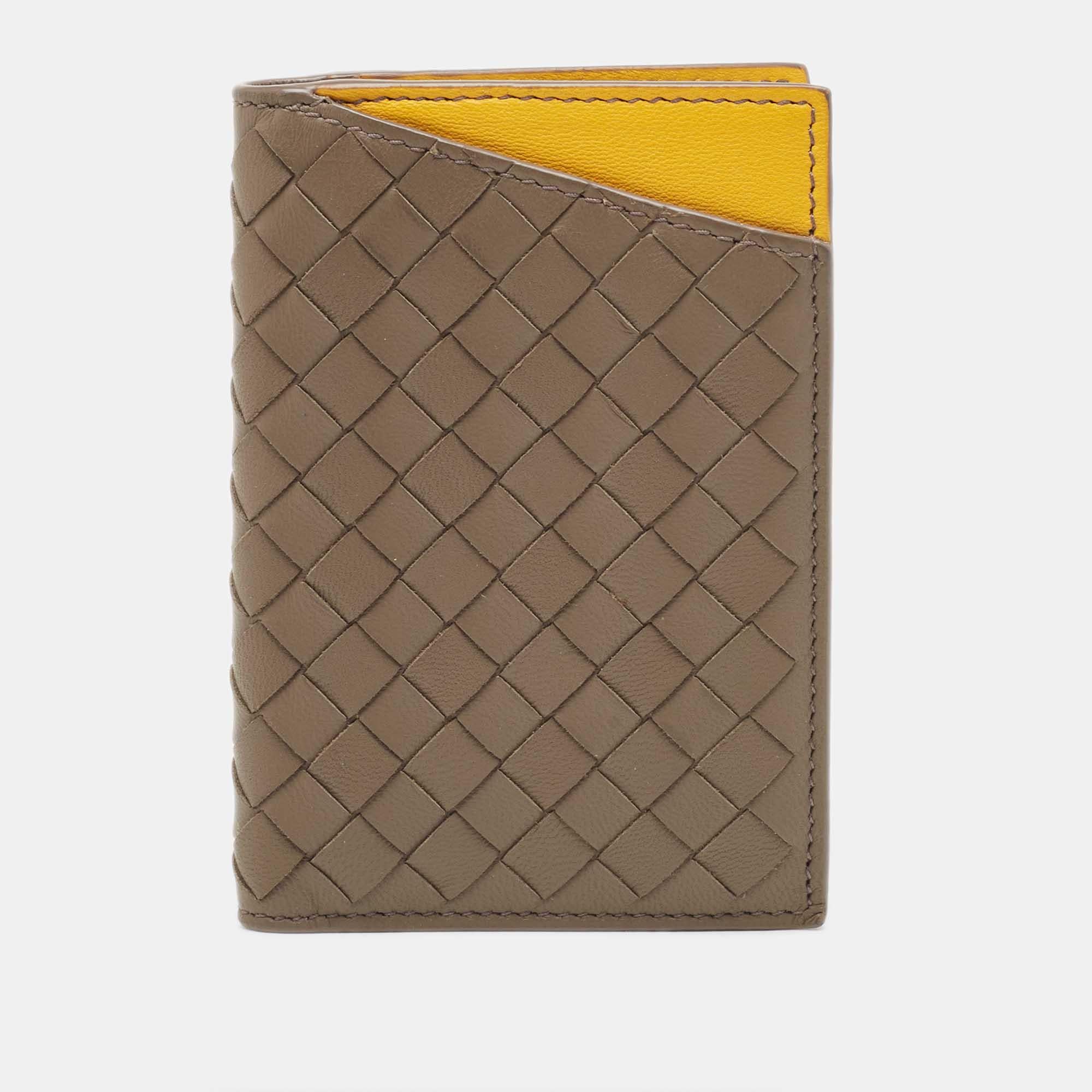 Bottega Veneta Brown/Yellow Intrecciato Leather Bifold Card Case 5