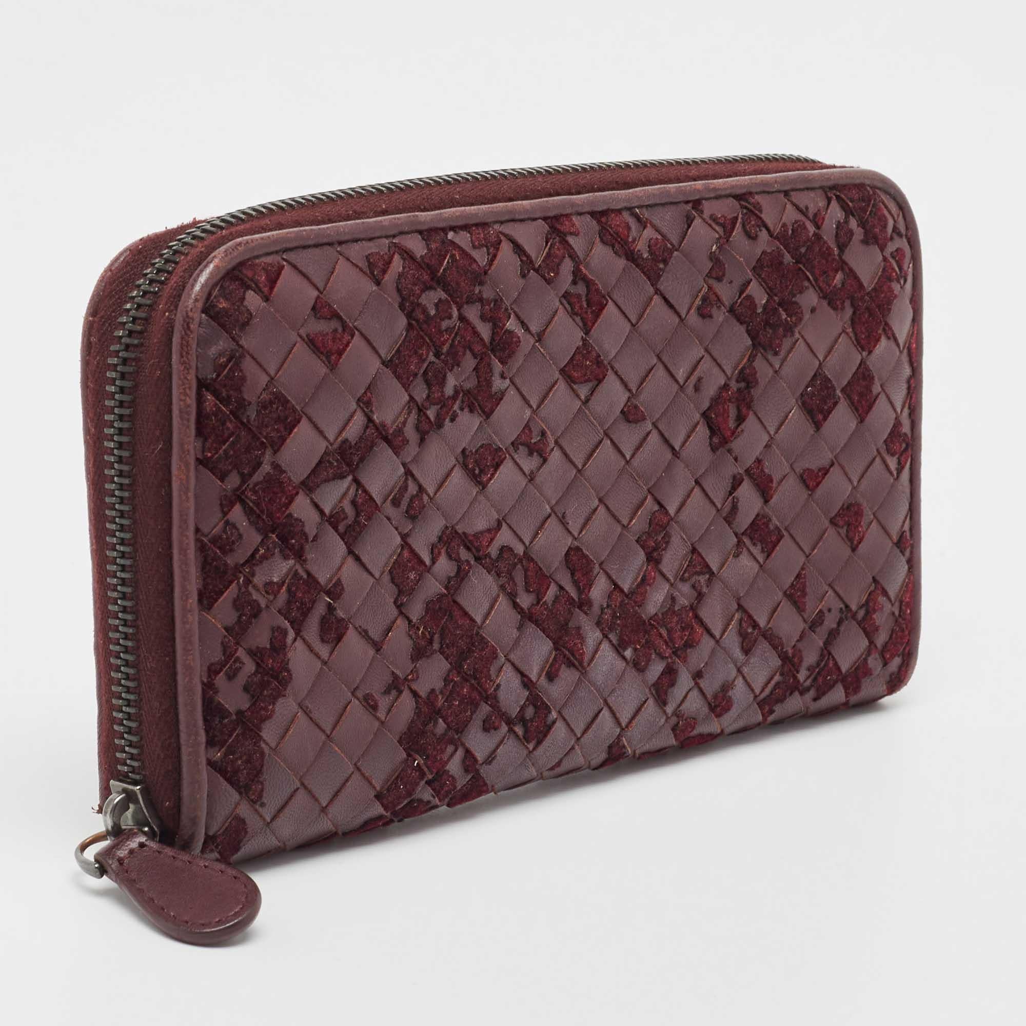 Black Bottega Veneta Burgundy Intrecciato Leather and Velvet Zip Around Wallet