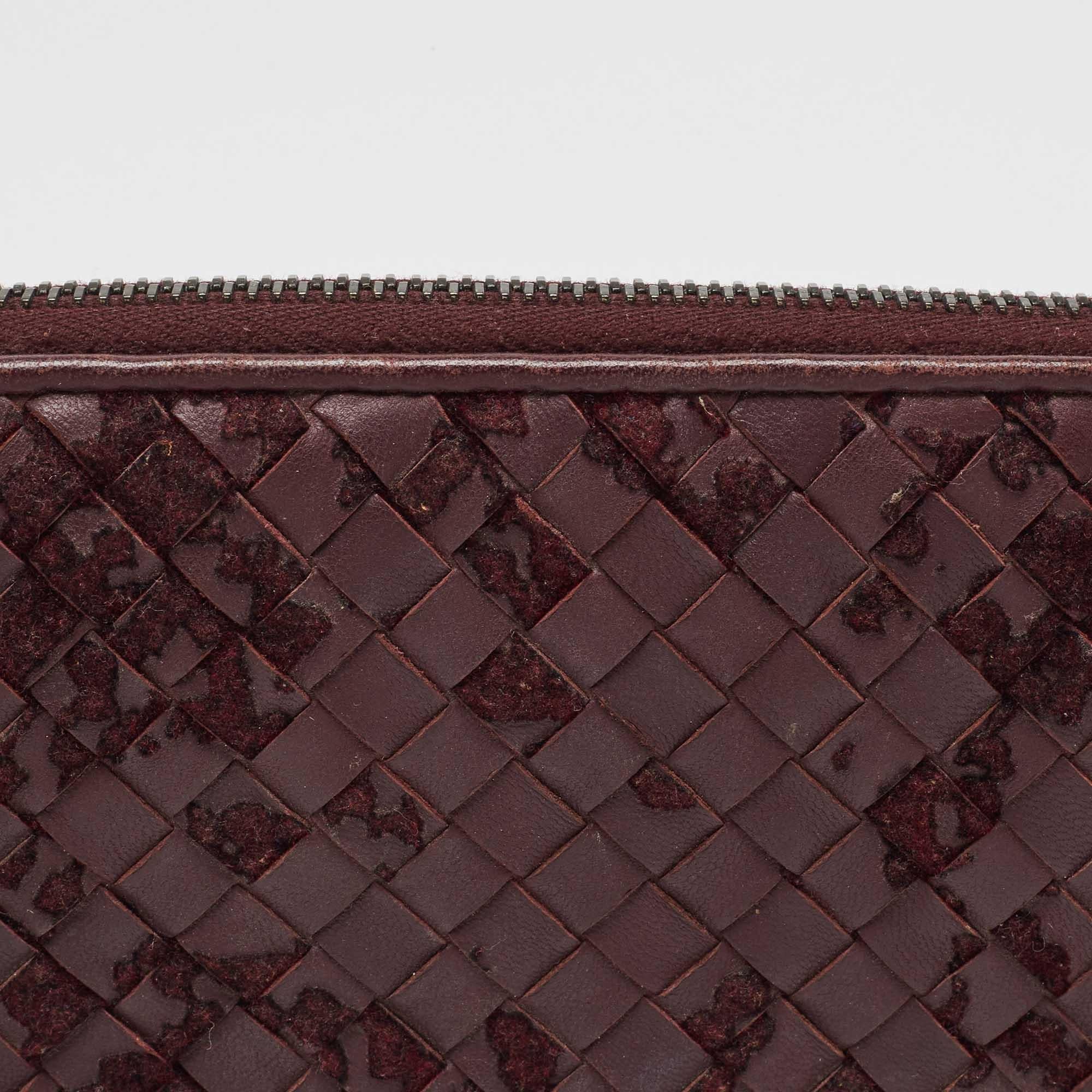 Women's Bottega Veneta Burgundy Intrecciato Leather and Velvet Zip Around Wallet