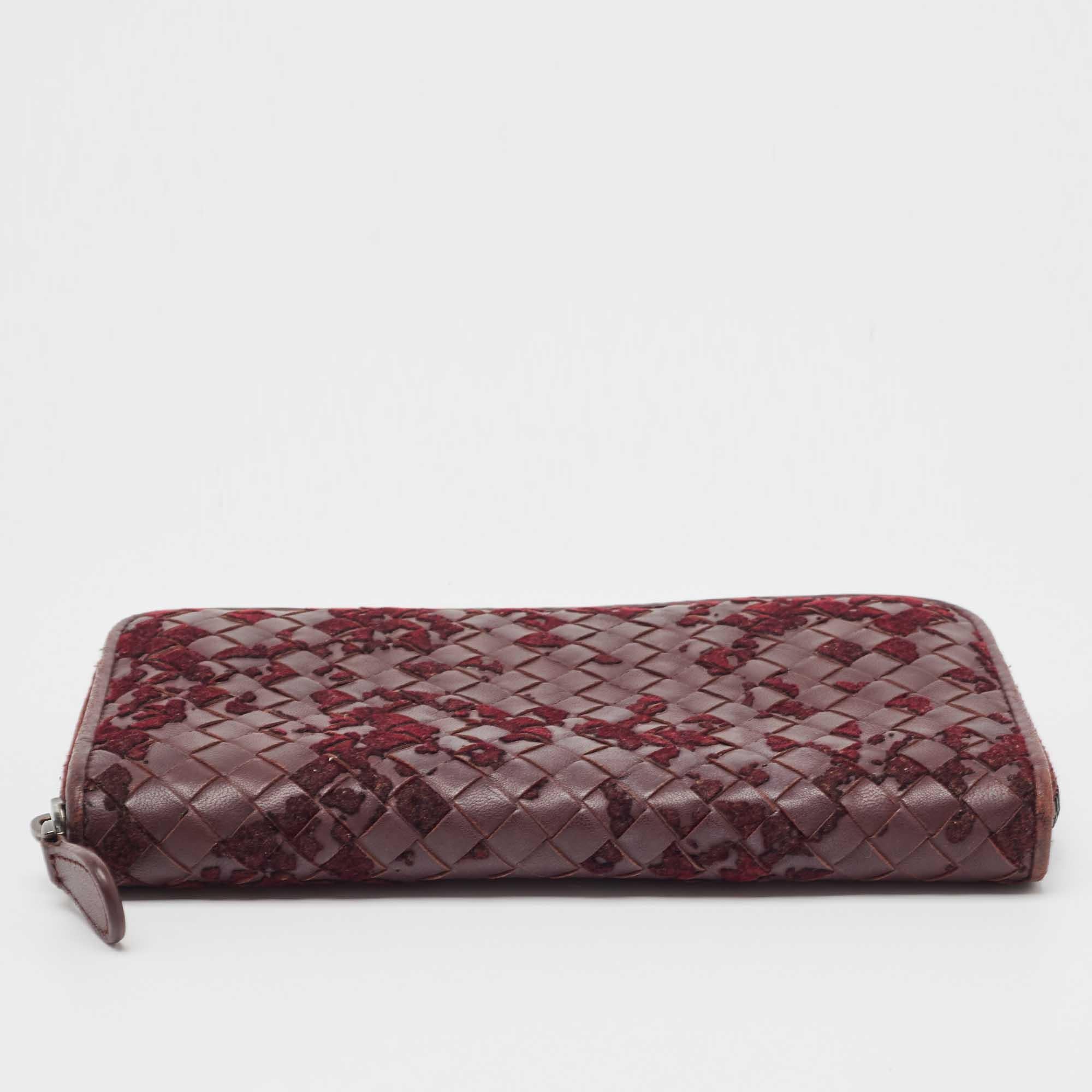 Bottega Veneta Burgundy Intrecciato Leather and Velvet Zip Around Wallet 1