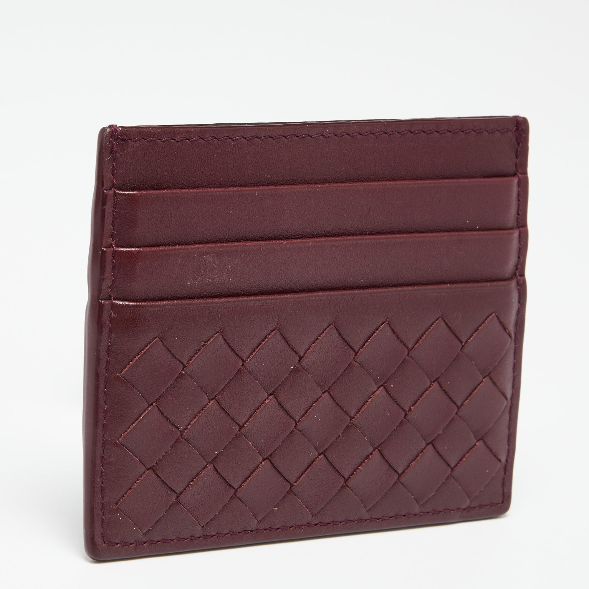 Black Bottega Veneta Burgundy Intrecciato Leather Card Holder