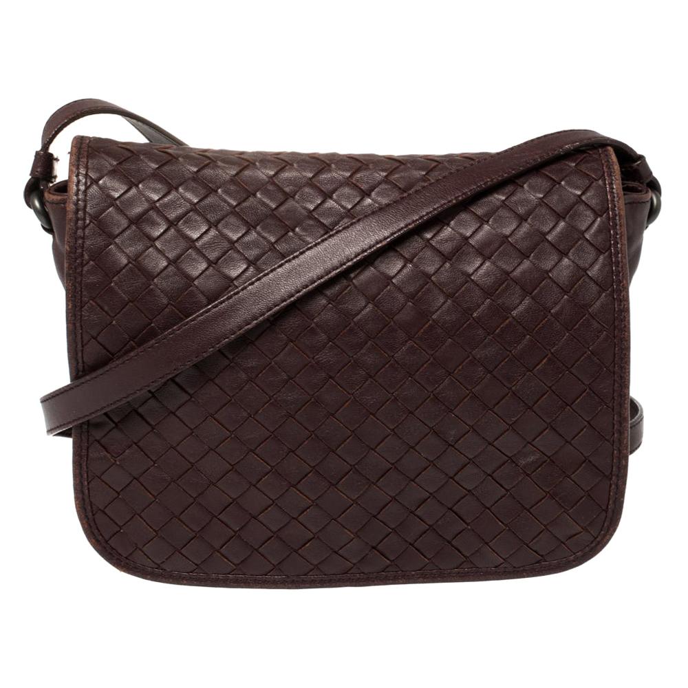 Bottega Veneta Burgundy Intrecciato Leather Flap Crossbody Bag