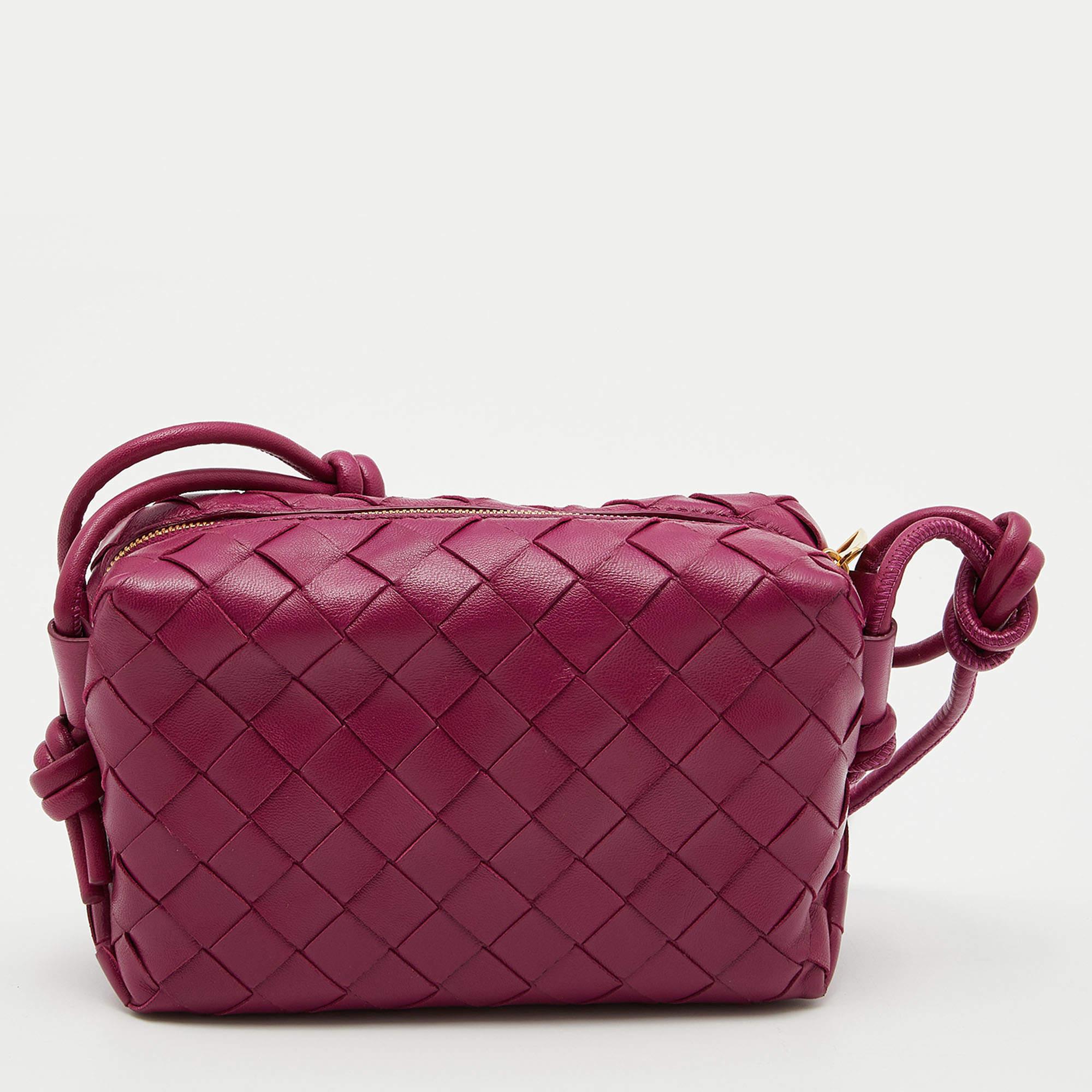 Women's Bottega Veneta Burgundy Intrecciato Leather Mini Loop Camera Crossbody Bag