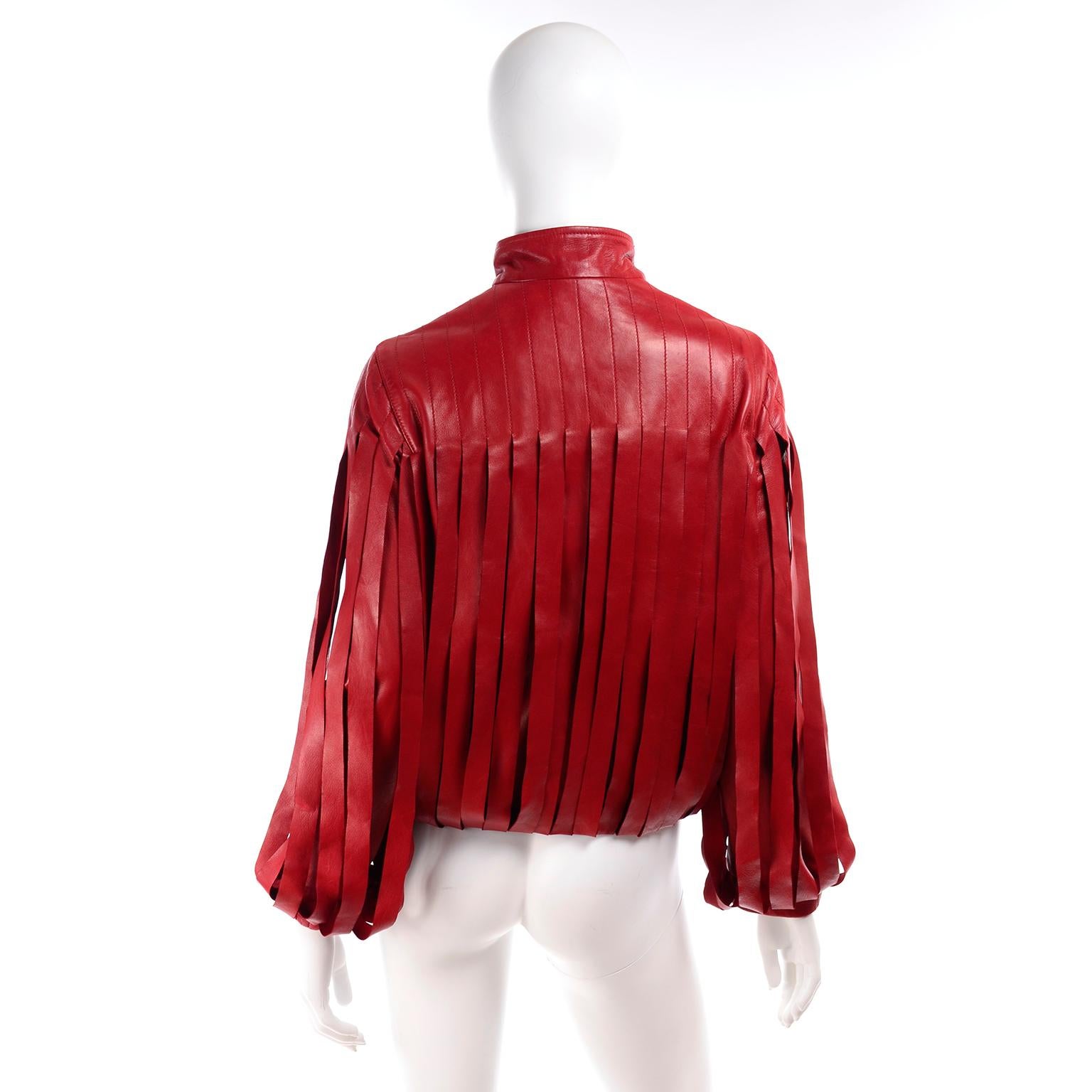 Red Bottega Veneta Burgundy Leather Jacket With Fringe Panels