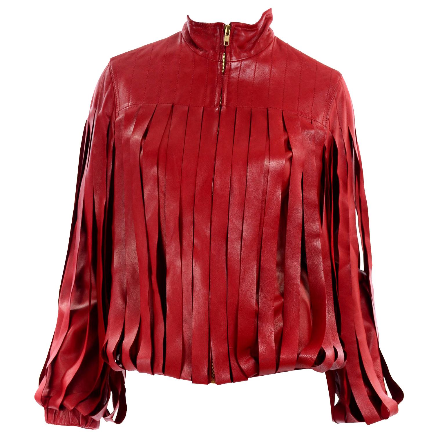 Bottega Veneta Burgundy Leather Jacket With Fringe Panels