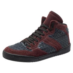 Bottega Veneta Burgundy/Navy Blue Intrecciato High Top Lace Up Sneakers Size 43