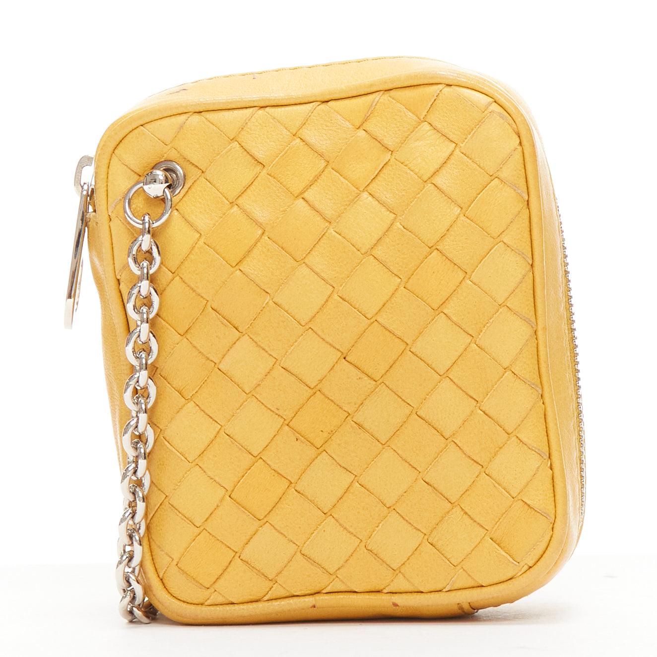 Women's BOTTEGA VENETA butter yellow intrecciato woven silver chain wrist pouch bag For Sale