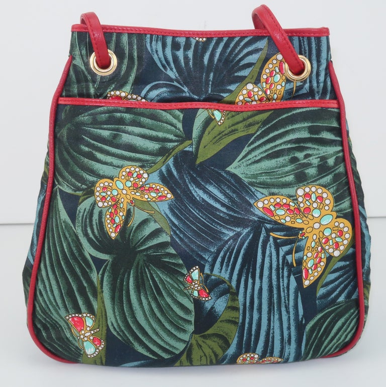 Bottega Veneta Butterfly Fabric & Red Leather Handbag, 1970's In Good Condition For Sale In Atlanta, GA