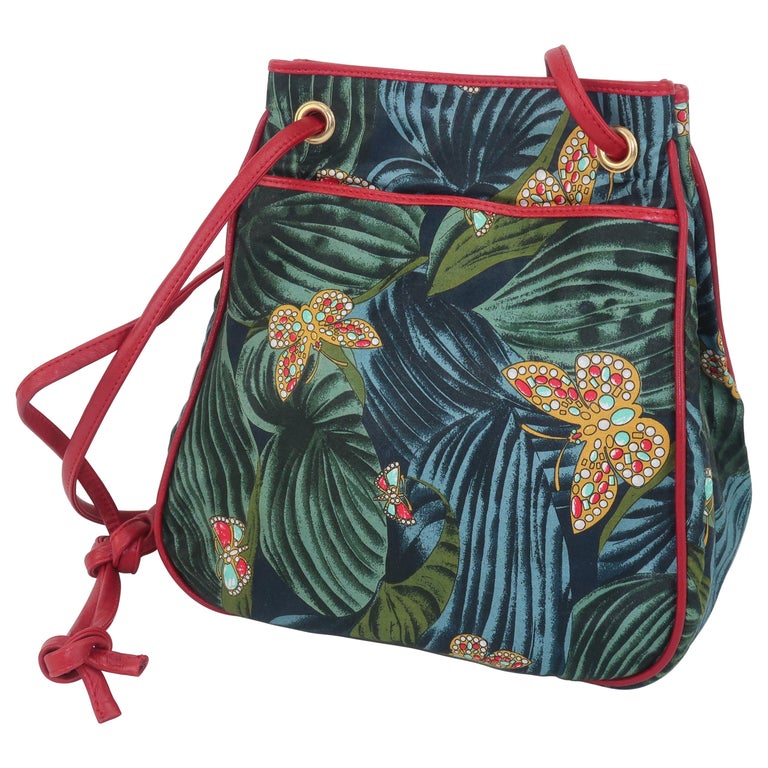 Bottega Veneta Butterfly Fabric & Red Leather Handbag, 1970's For Sale
