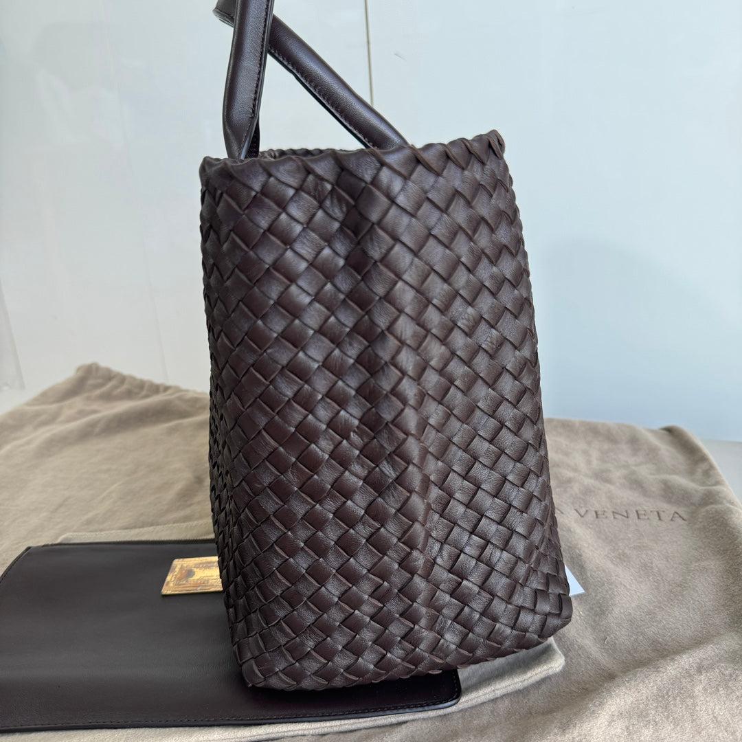 Black Bottega Veneta Cabat Large Intreccio Leather Tote Bag Dark Chocolate Brown 40cm