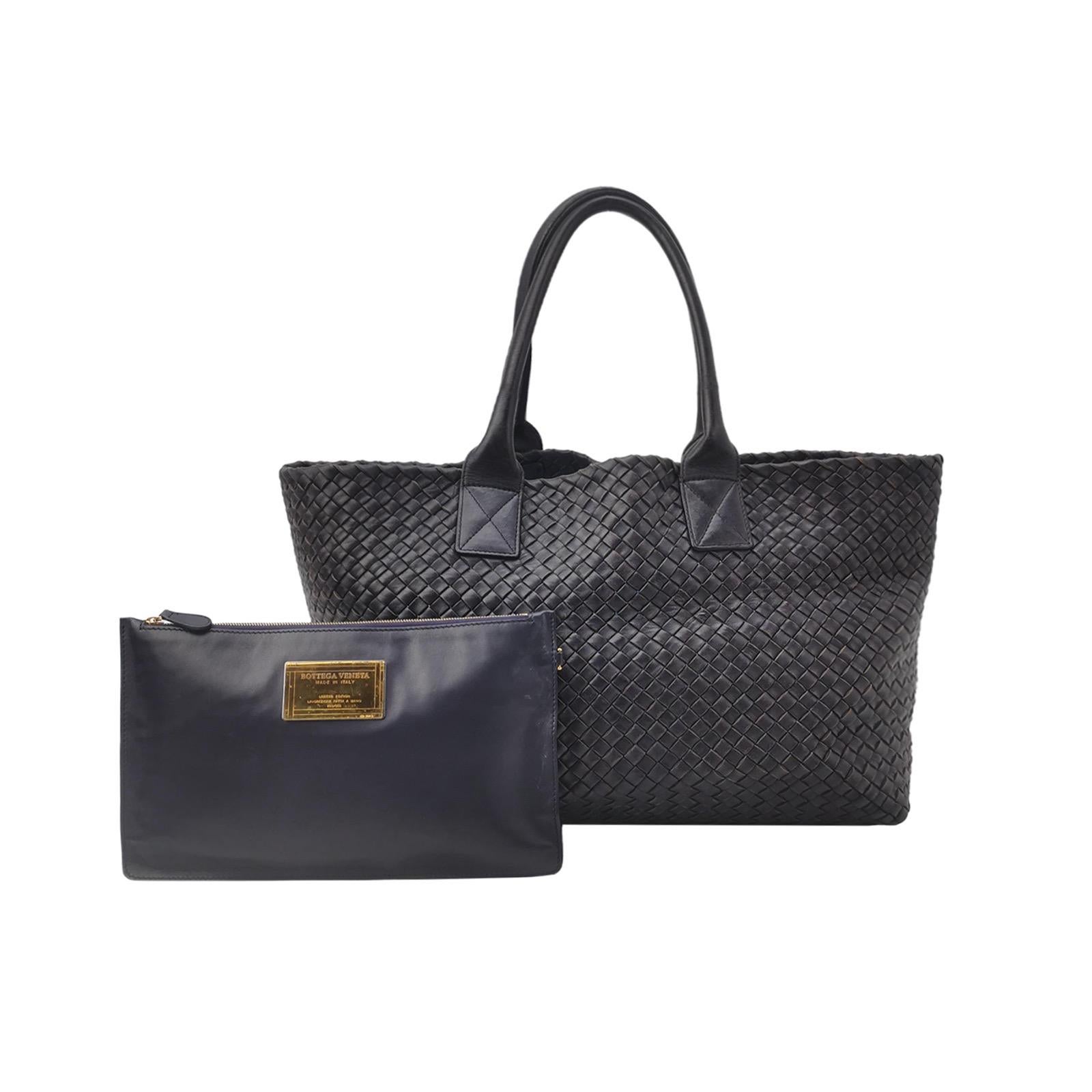 Bottega Veneta Cabat MM Intreccio Leather Tote Bag Navy 40cm