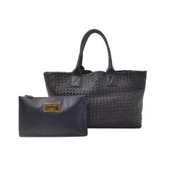Bottega Veneta Cabat MM Intreccio Leather Tote Bag Navy 40cm