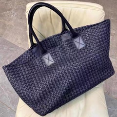 Bottega Veneta Cabat MM Intreccio Leather Tote Bag Navy 40cm