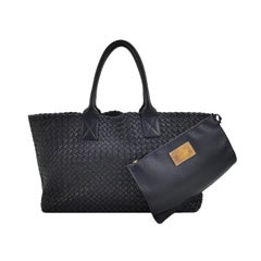 Bottega Veneta Cabat MM Intreccio Leather Tote Bag Navy 40cm