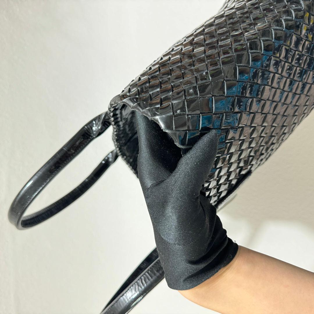Bottega Veneta Cabat Small Intreccio Patent Leather Tote Bag Black 7