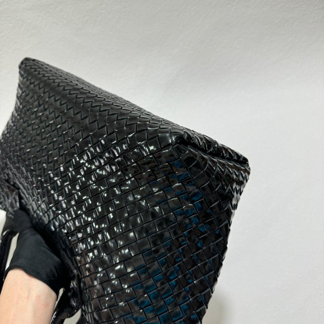 Bottega Veneta Cabat Small Intreccio Patent Leather Tote Bag Black 9