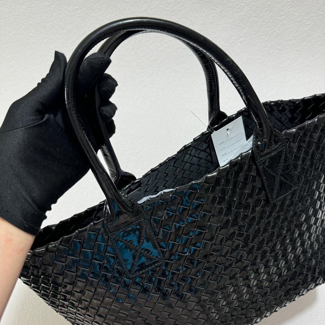 Bottega Veneta Cabat Small Intreccio Patent Leather Tote Bag Black 14