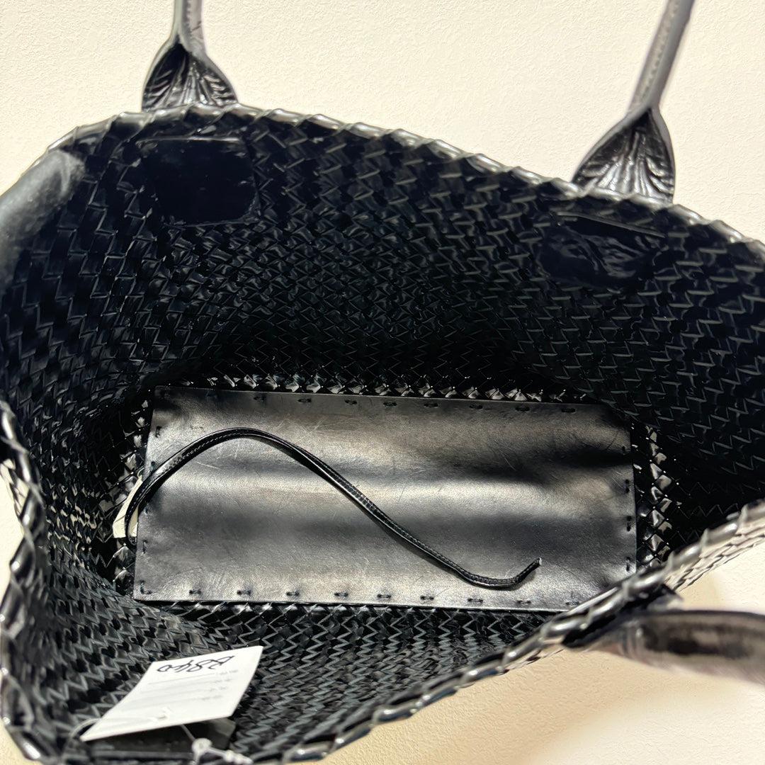 Bottega Veneta Cabat Small Intreccio Patent Leather Tote Bag Black 16