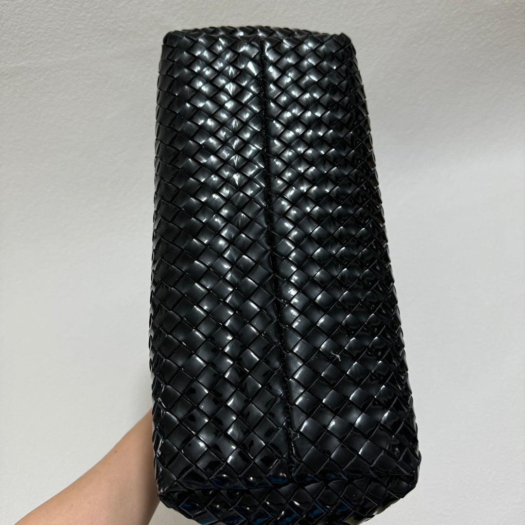 Bottega Veneta Cabat Small Intreccio Patent Leather Tote Bag Black 2