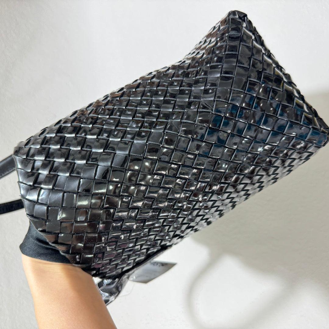Bottega Veneta Cabat Small Intreccio Patent Leather Tote Bag Black 5