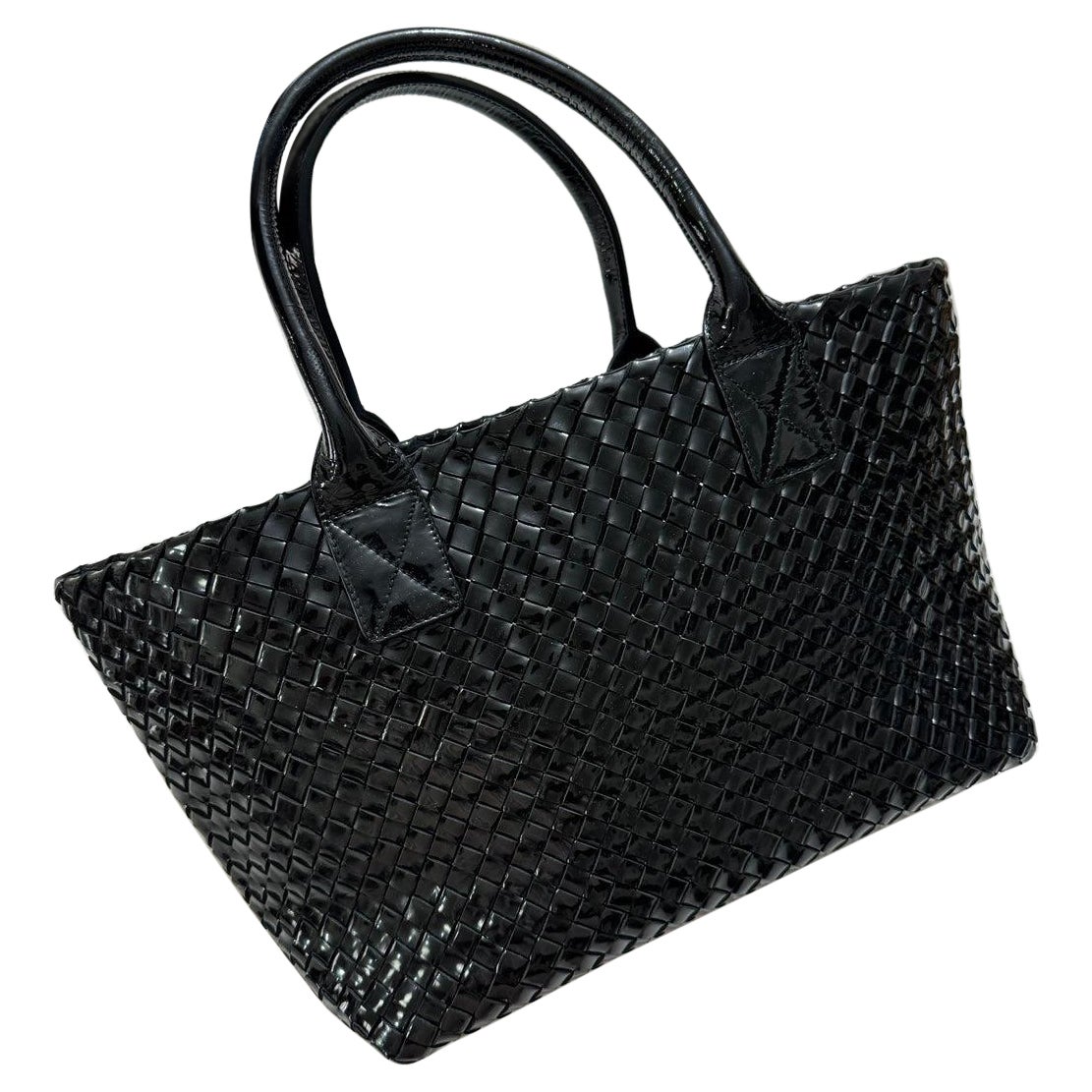 Bottega Veneta Cabat Small Intreccio Patent Leather Tote Bag Black